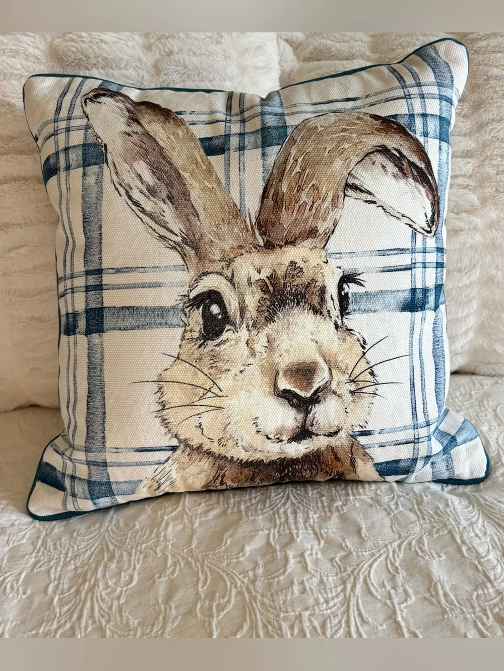 Pier 1 Blue Bunny decorative throw accent pillow bunny face plaid 17 x 17